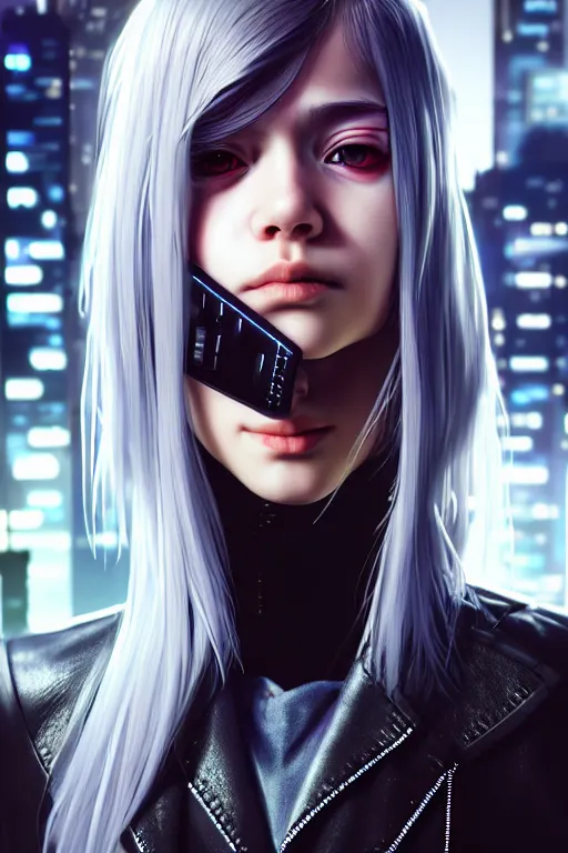 Image similar to hyperdetailed very close portrait of a european sixteen years old woman with grey eyes in a leather suit with a pin in a cyberpunk city inspired by ross tran and wlop and masamune shirow and kuvshinov, concept art, intricate, photorealistic, octane render, rtx, hdr, unreal engine, dnd digital art by artgerm