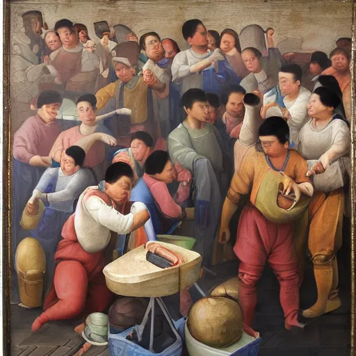 Prompt: renaissance oil painting of exploited chinese workers in an iphone manufacturing plant