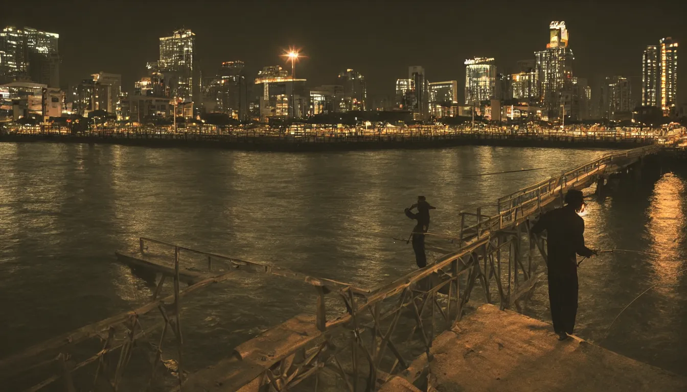 Image similar to 80s asian neon movie still with a lone man fishing on a pier by the river at night with city lights behind his back. Fallen angels movie still. hyperrealistic, photorealistic, high definition, medium format photography, highly detailed, tehnicolor, anamorphic 50mm lens