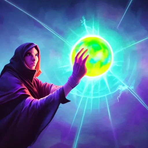 Prompt: a warlock is casting a magic spell, while magic orb is floating in his hand, the magic orb emit a rainbow vapour, dynamic pose, chromatic aberration , medium level shot, Mucha style , Grim fantasy, illustration ,concept art,