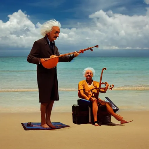 Image similar to albert einstein on tropical beach playing violin tourism photography award winning in the style of andrew rankin