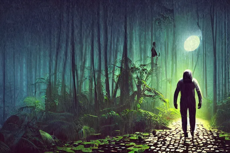 Prompt: digital art of a surreal dark jungle, astronaut walking, mysterious crazy world, talking creatures, raining, night, fireflies