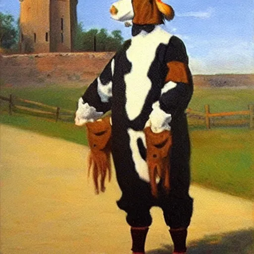 Image similar to painting by zorn, cow, dressed, anthropomorphic!!, wearing!!! clothes!!!, standing next to royal castle!!!