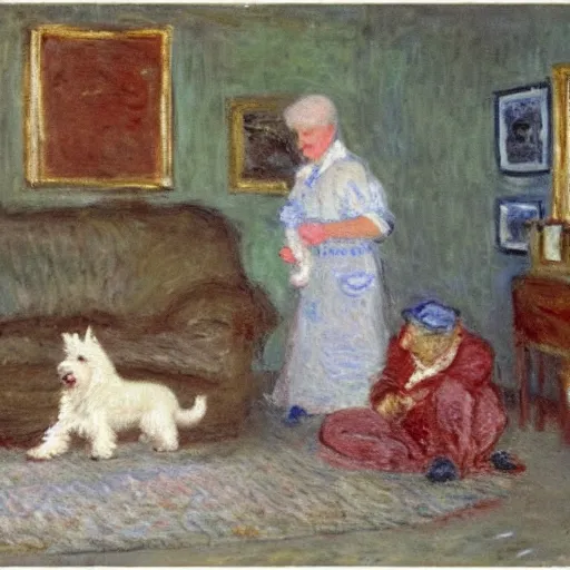 Image similar to a westie dog throwing up on the floor of a living room while a family watches by monet