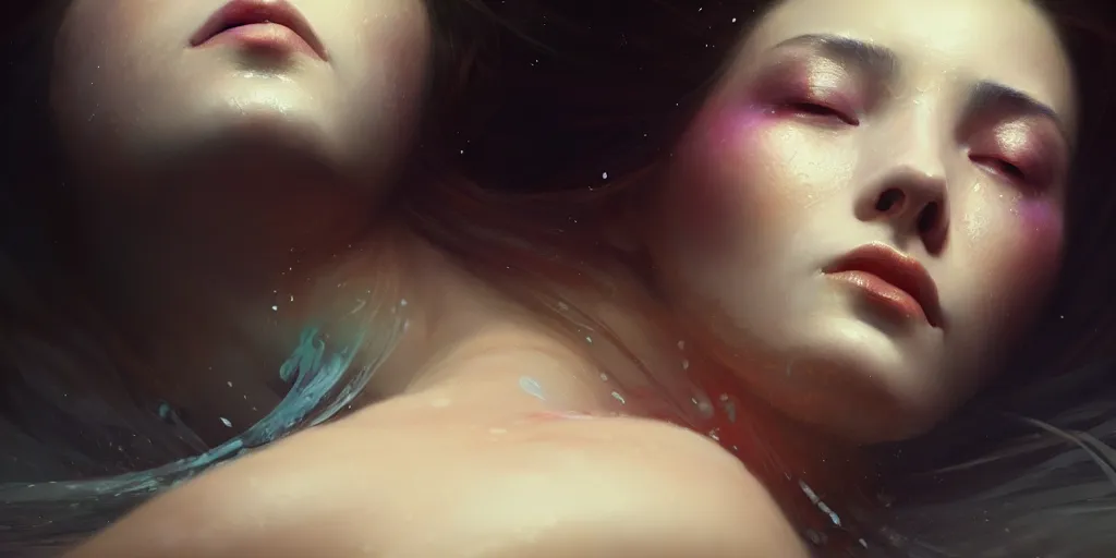 Image similar to close up face portrait of a beautiful woman laying down inside a sentetic fluid, dim light, extremely detailed digital painting, in the style of fenghua zhong and ruan jia and jeremy lipking and peter mohrbacher, mystical colors, rim light, beautiful lighting, 8 k, stunning scene, raytracing, octane, trending on artstation