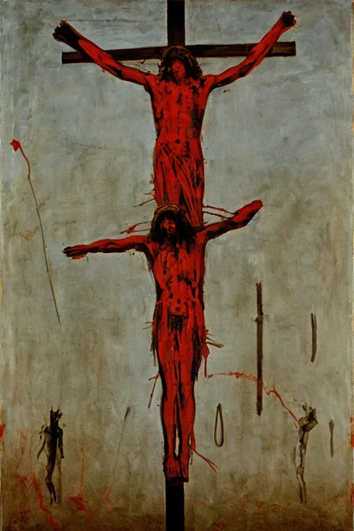 Prompt: bloody christ crucified and a huge ufo in the sky painted by cy twombly and andy warhol