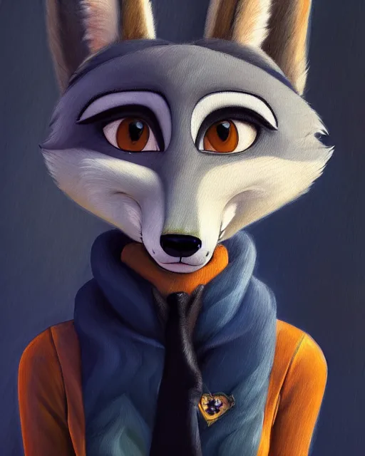Prompt: oil painting of anthromorphic female wolf, in style of zootopia, zootopia, zootopia, fursona, furry, furaffinity, 4 k, deviantart, furry art, fursona art, wearing black business suit, business suit, in style of zootopia, wolf fursona, cyberpunk, female, very very very expressive detailed feminine face,