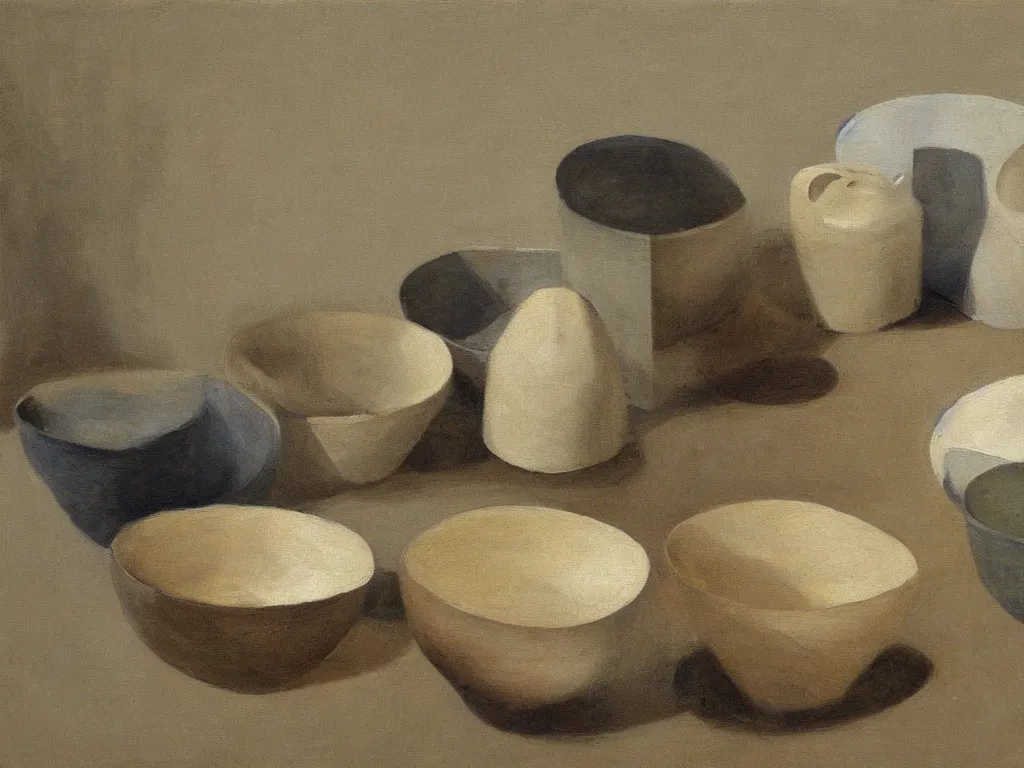 Image similar to ceramic bowls, sculptures catching water from the rain. Painting by Morandi