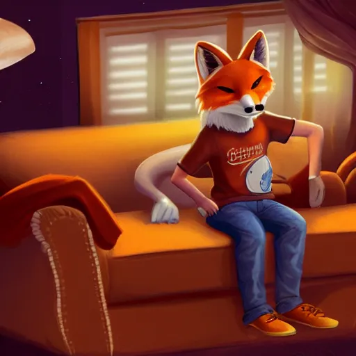 Prompt: an anthropomorphic fox wearing a t-shirt and jeans sitting on a couch, 8k resolution matte fantasy painting, cinematic lighting, DeviantArt, Artstation, furry, anthro, anthropomorphic