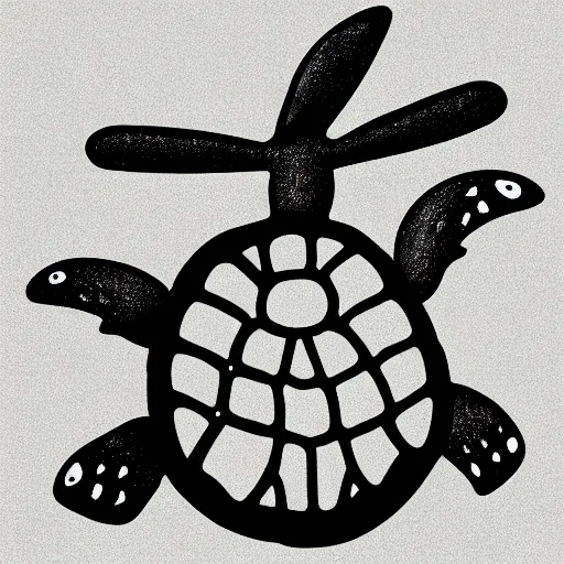 Image similar to storybook illustration of a turtle with a propeller attached to its shell, storybook illustration, monochromatic