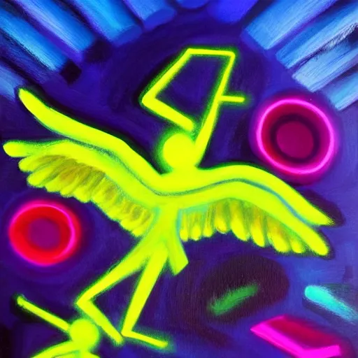 Prompt: Humans with wings flying to a neon light, oil painting