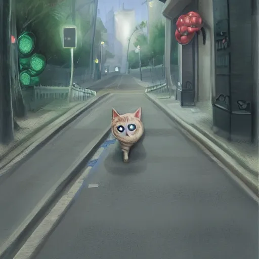 Prompt: a cat with big eyes strolling down the street,pixiv,artstation