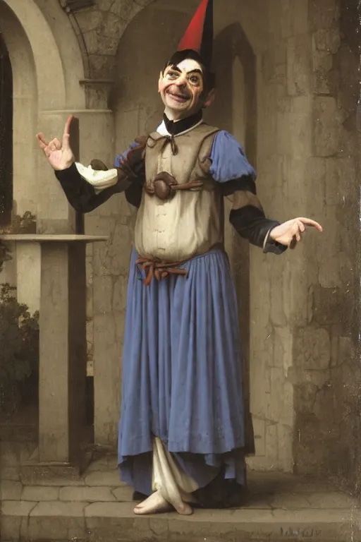 Image similar to Mr Bean as a medieval jester, dancing in a courtyard, bouguereau