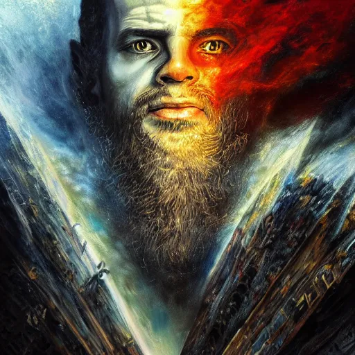 Prompt: lord of armageddon, artstation hall of fame gallery, editors choice, #1 digital painting of all time, most beautiful image ever created, emotionally evocative, greatest art ever made, lifetime achievement magnum opus masterpiece, the most amazing breathtaking image with the deepest message ever painted, a thing of beauty beyond imagination or words