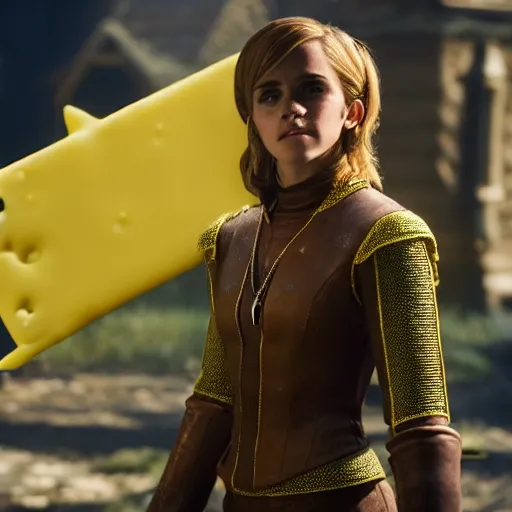 Image similar to emma watson as spongebob spongebob in the witcher 3, movie still, cinematic lighting, dramatic, octane render, long lens, shallow depth of field, bokeh, anamorphic lens flare, 8 k, hyper detailed, 3 5 mm film grain