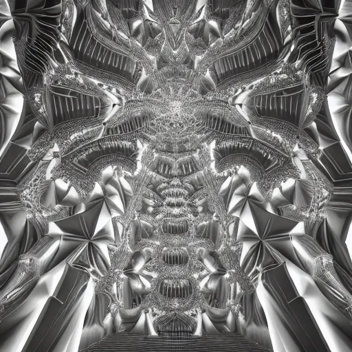 Prompt: a beautiful 3 d render of a massive fractal cathedral interior populated by mandelbrot fractals, unreal engine, carved ivory, octane render, white, volumetric lighting, hyperrealistic, shocking, glowing, carved marble, opalescent, carved soap, neon, sacred geometry, angelic, catholicpunk, photorealism, 8 k
