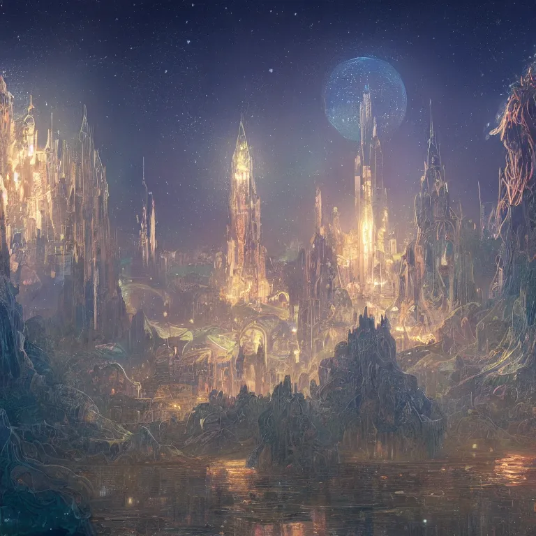 Prompt: a beautiful painting of the towers, domes, and pinnacles of the city of atlantis, underwater with glowing lights, fish and jellyfish, with the night sky with stars above, intricate, elegant, highly detailed, digital painting, artstation, concept art, by krenz cushart and artem demura and alphonse mucha