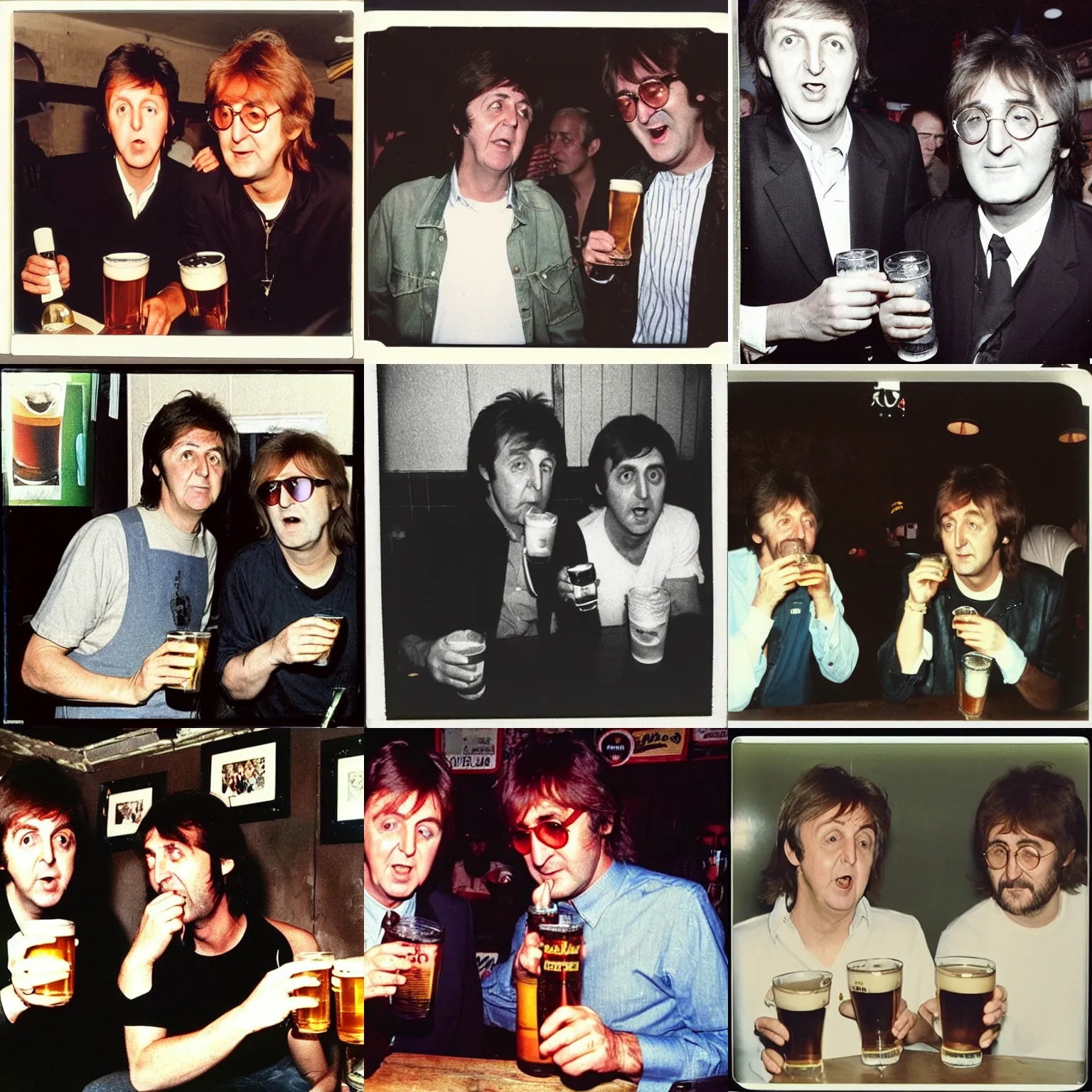 Prompt: Paul Mccartney and old John Lennon drinking beer at a dirty pub, 1990s, polaroid