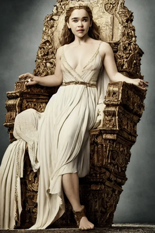 Image similar to Emilia Clarke as a Greek Goddess on a Throne