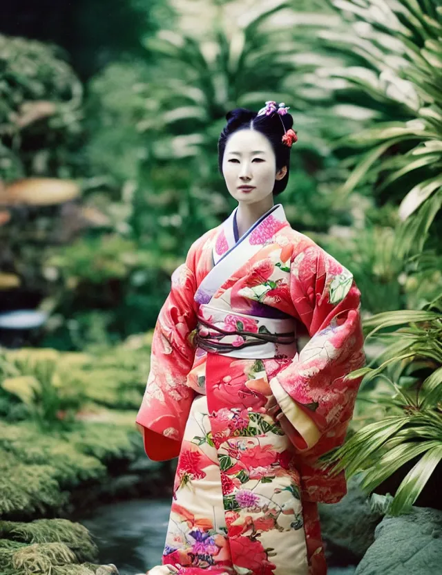Image similar to fashion photograph of a beautiful Japanese woman wearing a traditional kimono in an tropical greenhouse, by Annie Leibowitz, extremely detailed, large format camera, Fuji Provia film, 85mm lens, bokeh, bokeh, blurred background, photorealistic, trending on instagram, trending on artstation