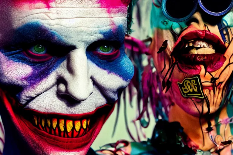 Image similar to 35mm color, illegal rave, portrait of Joker, fashion shoot, freak show, hyperdetailed, photorealistic, interesting, by David la chapelle and les edwards and david cronenberg and WETA digital, ID magazine, octane rendering, cinematic, hyperrealism, octane rendering, 8k, depth of field, bokeh.