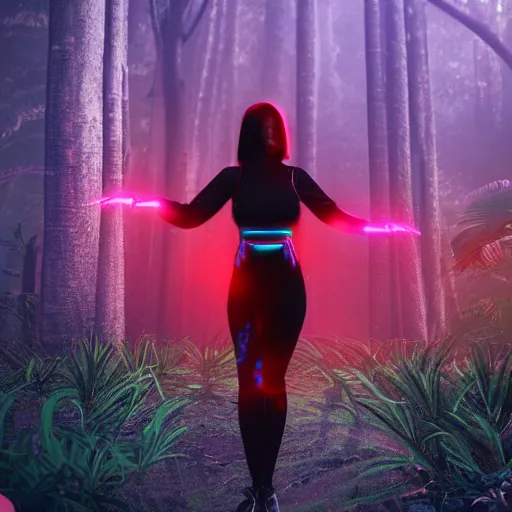 Prompt: a women with nano tech hologram, red and black, cyber screens, unreal engine, glow & fog, background in the jungle, 4k