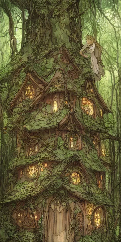 Image similar to an elvish Fairy house in the Woods, fantasy, art nouveau, architecture, daylight, warm light, spring, studio ghibli, Moebius, siya oum, ultra detailed, High definition, Sharp