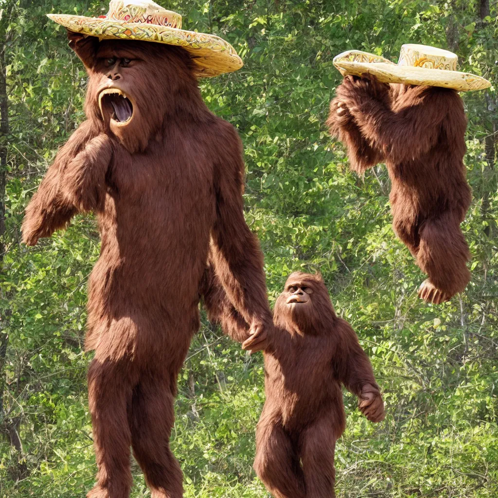 Prompt: bigfoot in a sombrero dancing