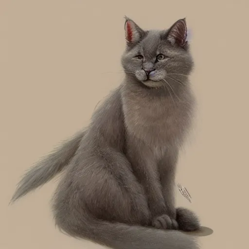Prompt: a big bored gray cat with long fur and fluffy tail sitting, intricate, elegant, highly detailed, digital painting, artstation, concept art, matte, sharp focus, illustration, art by Artgerm and Greg Rutkowski and Alphonse Mucha