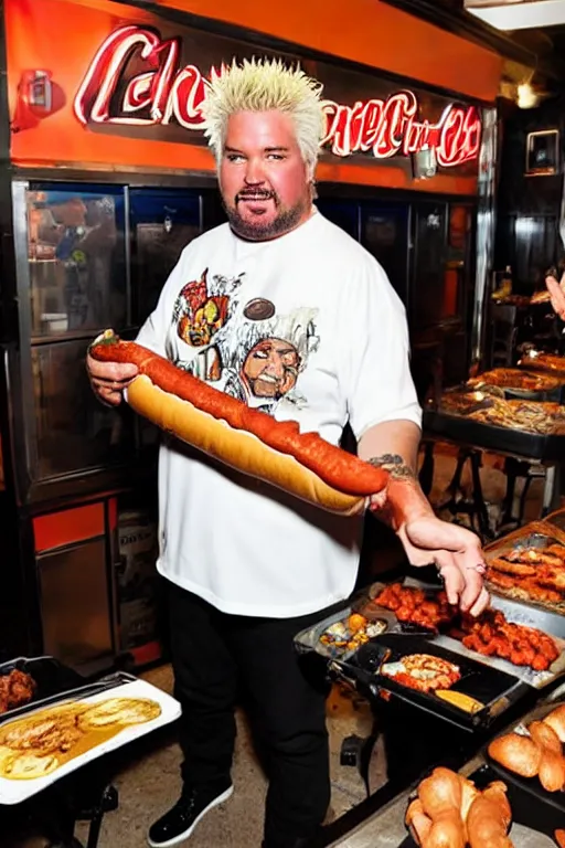 Image similar to guy fieri, dimly lit, stands in a hallway, cradling a guinness world record hot dog