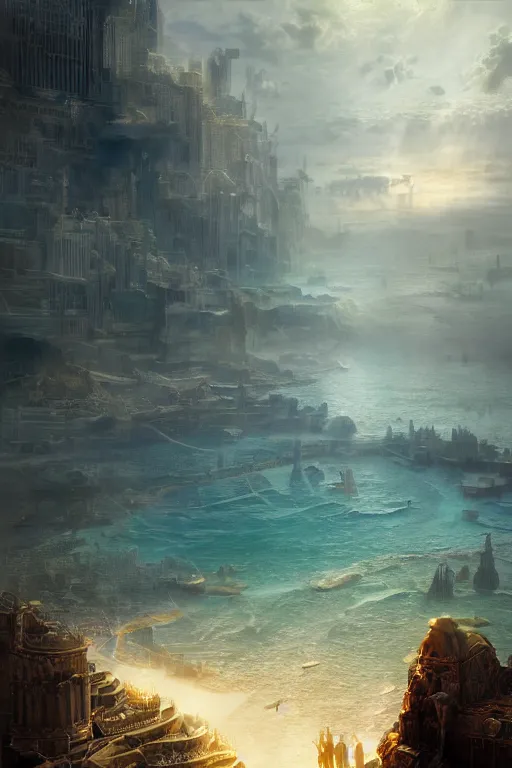 Image similar to magnificent view of the city of atlantis rising on the sea, intricate, elegant, volumetric lighting, digital painting, highly detailed, artstation, sharp focus, illustration, concept art, ruan jia, steve mccurry