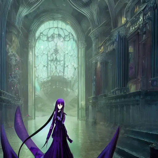 Image similar to an extremely detailed matte painting hatsune miku as a vampire queen in a resplendant and beautiful purple dress as a masquerade ball, epic fantasy, viewed in profile from far away, sharp focus, detailed face, art by greg rutkowski and alphonse mucha, volumetric lighting, 4 k resolution, artstation