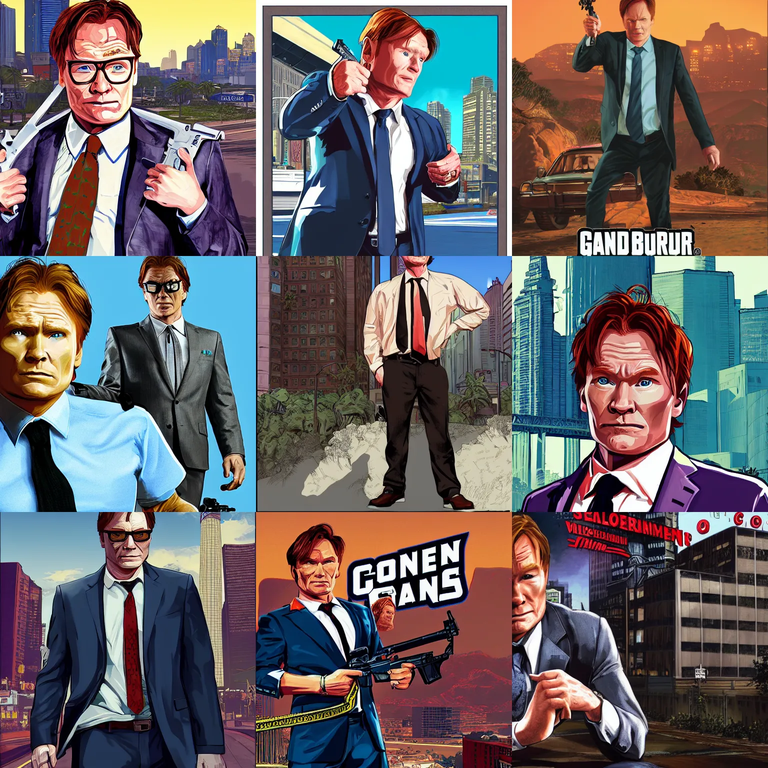 Prompt: conan obrien in gta v promotional art by stephen bliss, no text, very detailed, professional quality