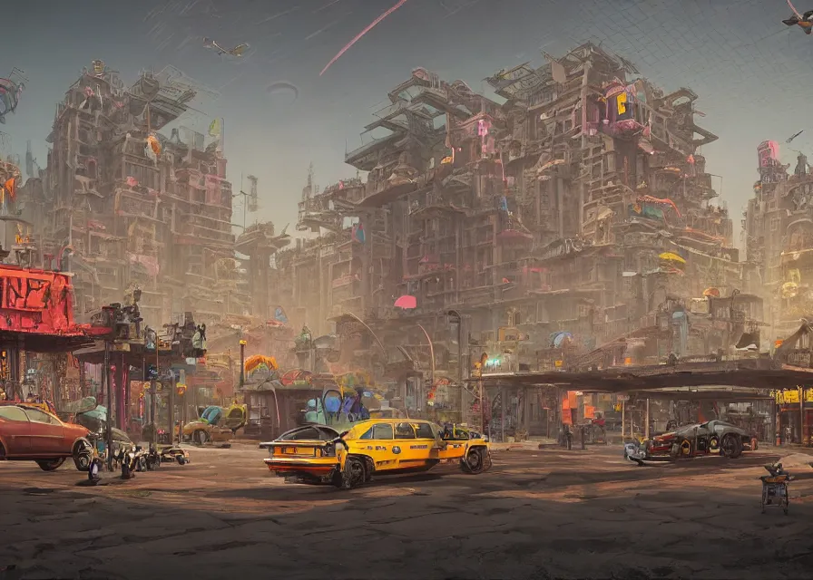 Image similar to hyperrealistic matte painting of aztec temples in a future environment with flying cars, mechanical features and neon, graffiti, scaffolding, smog, destruction by filip hodas, beeple, 4 k, trending on cgsociety