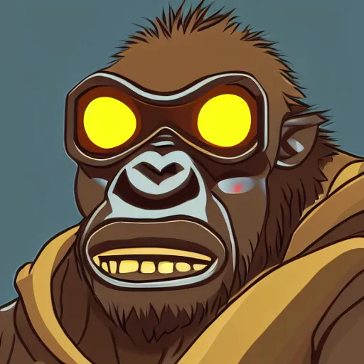 Prompt: gorilla dnd character, technomancer, working on laptop, profile, detailed illustration