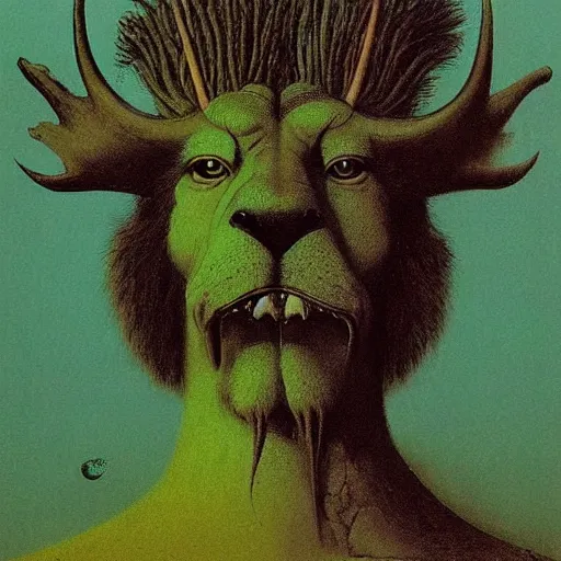 Prompt: a creature with the body and eyes of a man, with the beak of an eagle, the mane of a lion, and the horns of an ox. drawn by zdzislaw beksinski, green, pink, blue