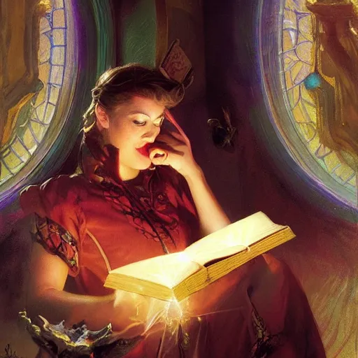 Prompt: stunning female master wizard having magical book, highly detailed painting by gaston bussiere, craig mullins, j. c. leyendecker, 8 k