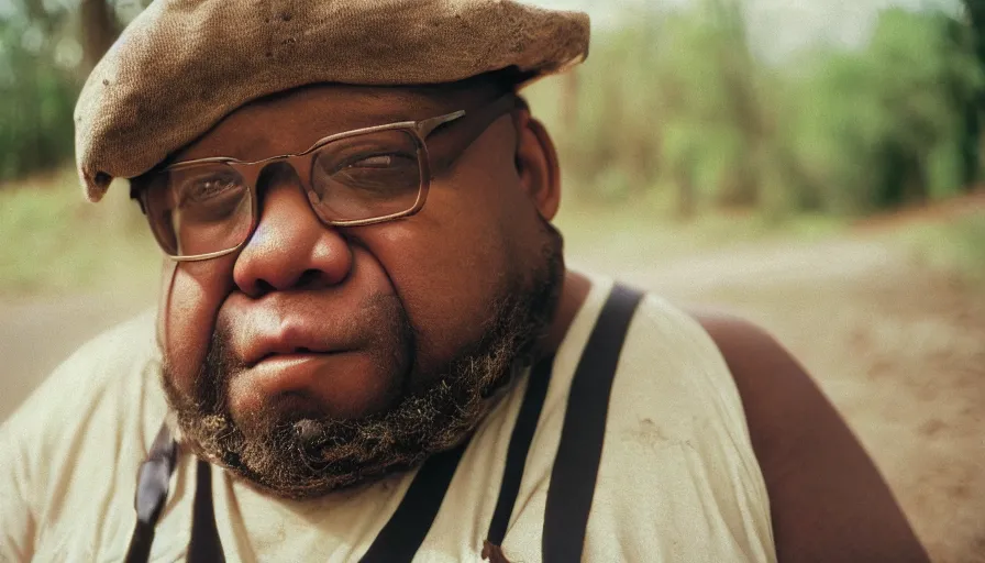 Prompt: far view, extremely fat obese forrest whitaker with long beard, wearing dirty overalls, dirty greasy face, grin, portrait, close up, kodak gold 2 0 0, 5 0 mm,