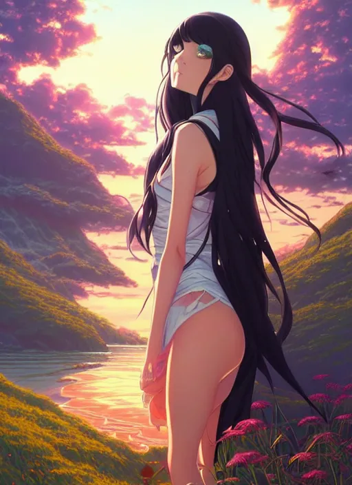 Image similar to a beautiful girl with long black hair in, island background, intricate, highly detailed, digital painting, artstation, official media, anime key visual, concept art, rich vivid colors, ambient lighting, sharp focus, illustration, art by Artgerm, Makoto Shinkai, Ilya Kuvshinov, Lois Van Baarle, and Rossdraws