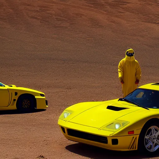 Prompt: a man wearing a yellow hazmat suit, next to a saleen s7 in the desert, directed by Alan resnick
