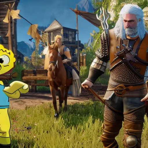 Image similar to spongebob as geralt of rivia in the witcher 3, riding his horse