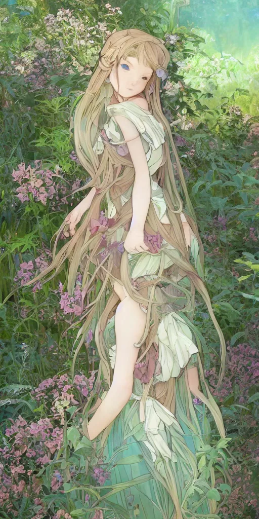 Image similar to a digital art of a loli with long hair in a dress in the privet garden at after noon, green and warm theme, back lighting, by krenz cushart and mucha and akihito yoshida and greg rutkowski and makoto shinkai, geometric shapes, hard edges, extremely long shot, detailed eyes, 4 k resolution, trending on art station