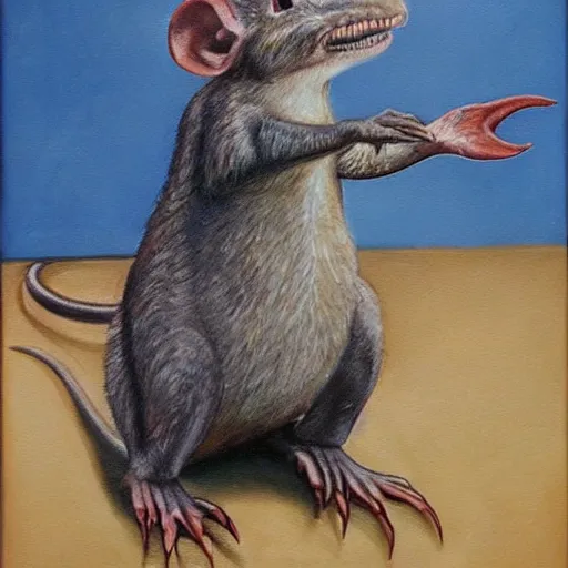 Image similar to dino rat, epic pose, fine painting