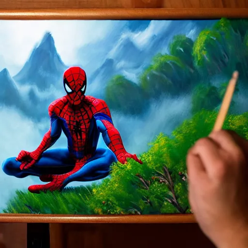 Image similar to a closeup photorealistic photograph of bob ross working on a canvas painting of spiderman. film still. brightly lit scene. mountains and trees. this 4 k hd image is trending on artstation, featured on behance, well - rendered, extra crisp, features intricate detail, epic composition and the style of unreal engine.