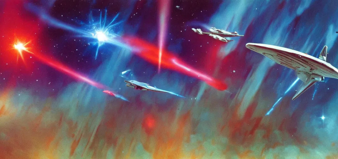 Image similar to a starship and spaceship battle frozen in time, red lasers blasting, amidst a blue nebulae, cinematic framing, in the style of roger dean