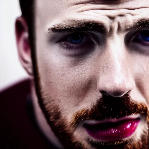 Image similar to Photo of Chris Evans, close-up, high detail, studio, ominous background, smoke, 85mm Sigma Art Lens