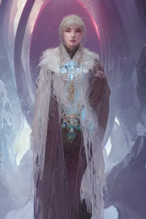 Prompt: ice priestess of the sacral moon full body portrait highly detailed, digital painting, artstation, concept art, smooth and sharp focus, illustration, art by tian zi and wlop and alphonse mucha