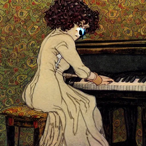 Image similar to girl with curly blonde hair sitting at a piano, art by rebecca guay