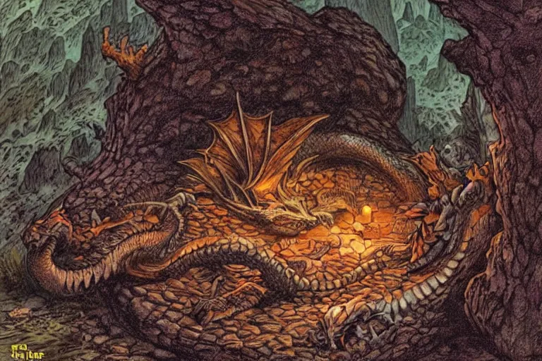 Image similar to a sleeping dragon on a mountain of treasure in a big cavern, by Larry Elmore