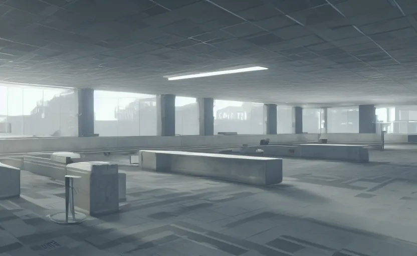 Prompt: screenshot of game on unreal engine 5, a large white empty breakroom with a security checkpoint, photorealistic, retrofuturism, brutalism, staggered terraces, minimalist, soft vintage glow